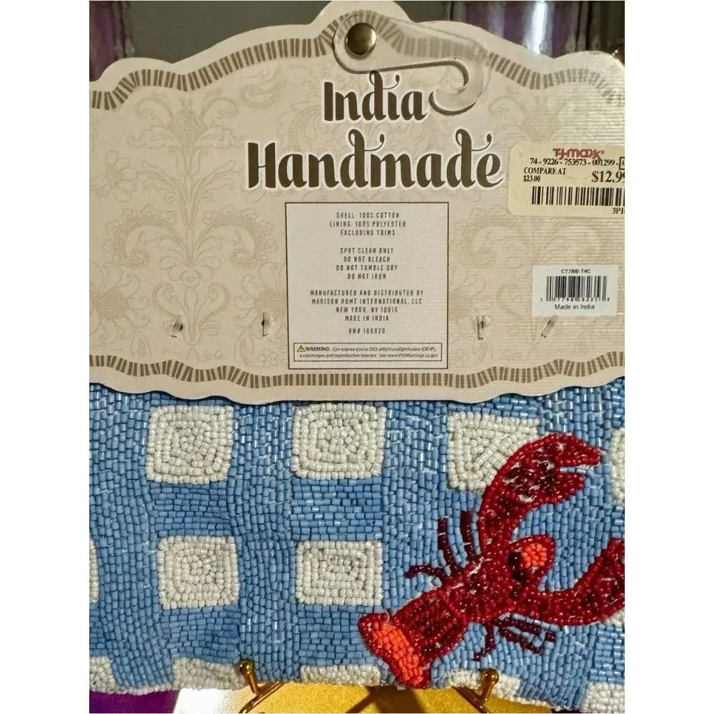 NWT Handcrafted in India Beaded Lobster Pouch